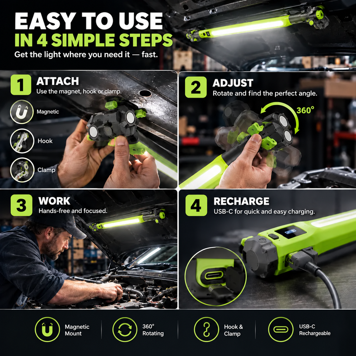 🔦 Rechargeable Magnetic LED Work Light – 360° Rotating Hands-Free Flashlight