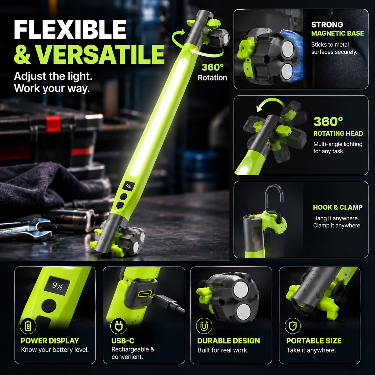 🔦 Rechargeable Magnetic LED Work Light – 360° Rotating Hands-Free Flashlight