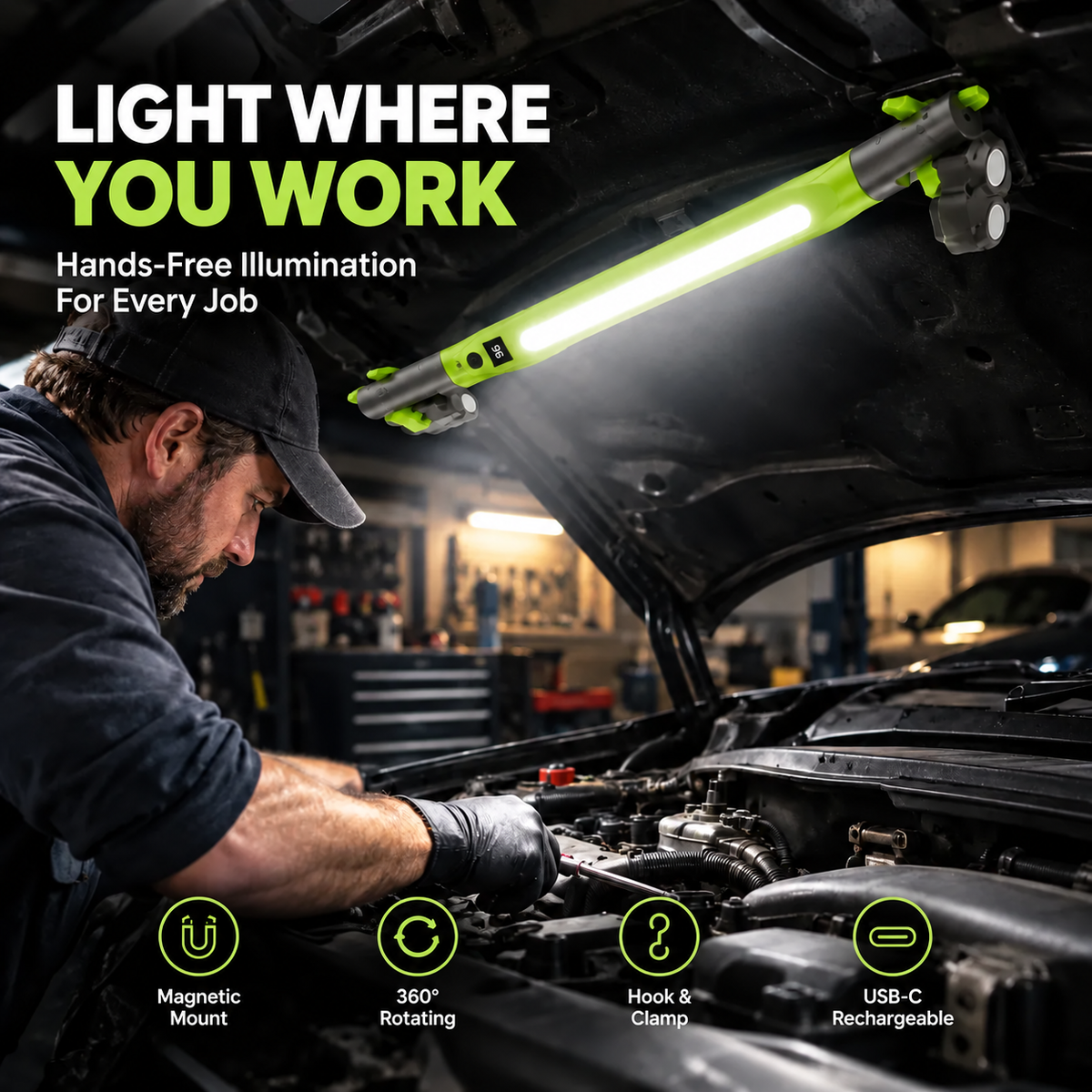 🔦 Rechargeable Magnetic LED Work Light – 360° Rotating Hands-Free Flashlight