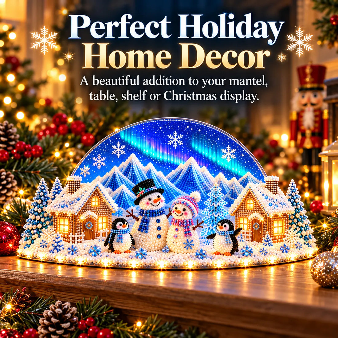 Completed winter village displayed on a mantel among seasonal greenery and holiday decor