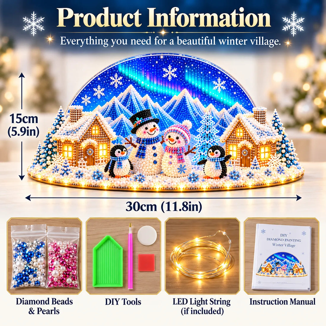 Product dimension diagram and illustrated rhinestones pearls DIY tools instruction manual and optional LED string