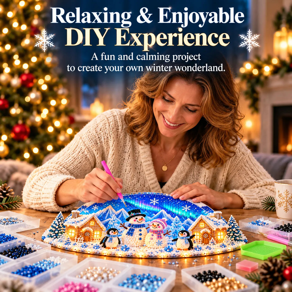 ❄️ DIY Winter Village Diamond Art Kit – Sparkling Christmas Craft with Optional LED Lights