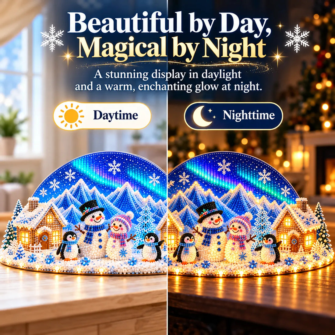 Seller comparison of winter village appearance by day and with decorative lighting at night