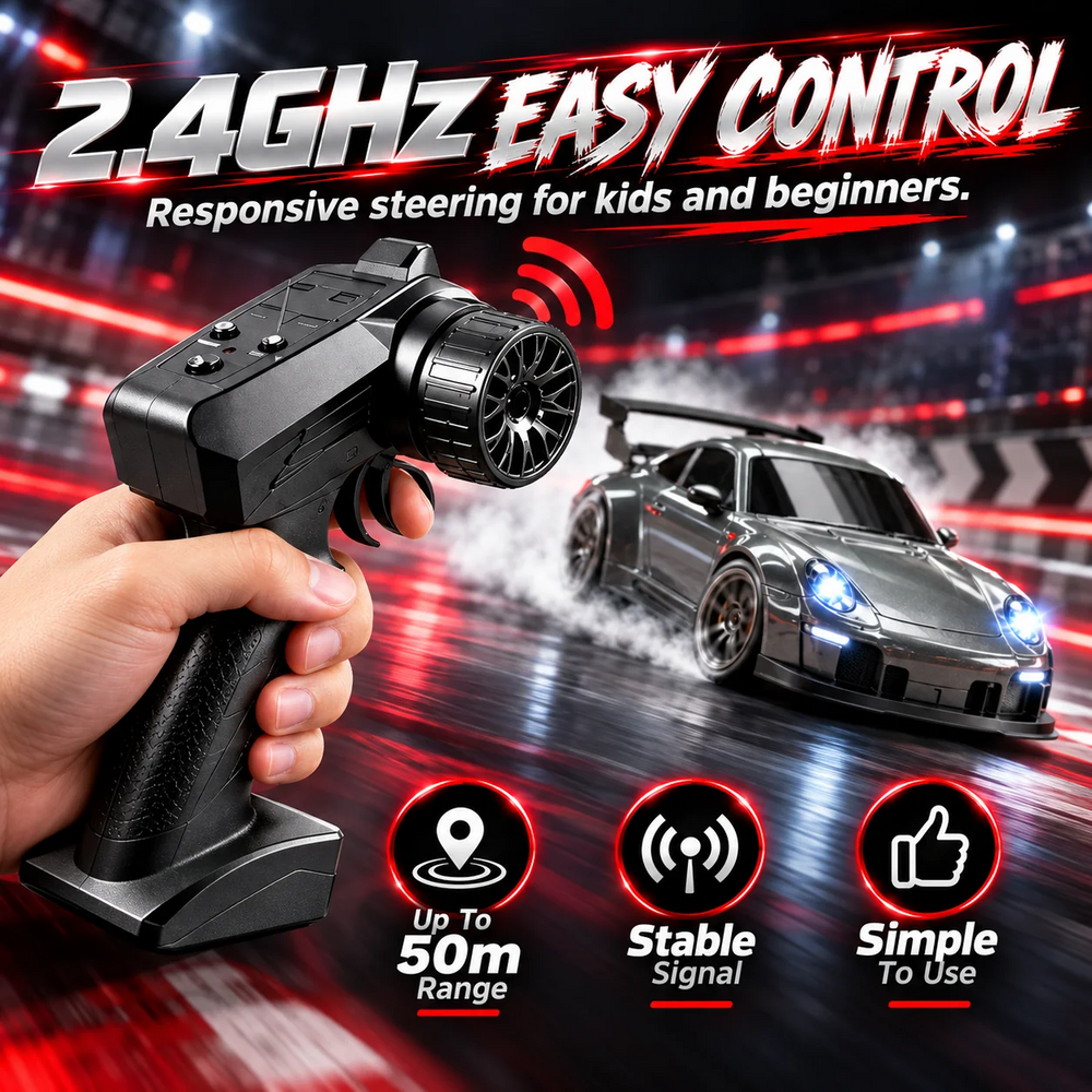 Handheld 2.4GHz remote controller operating a silver RC drift car