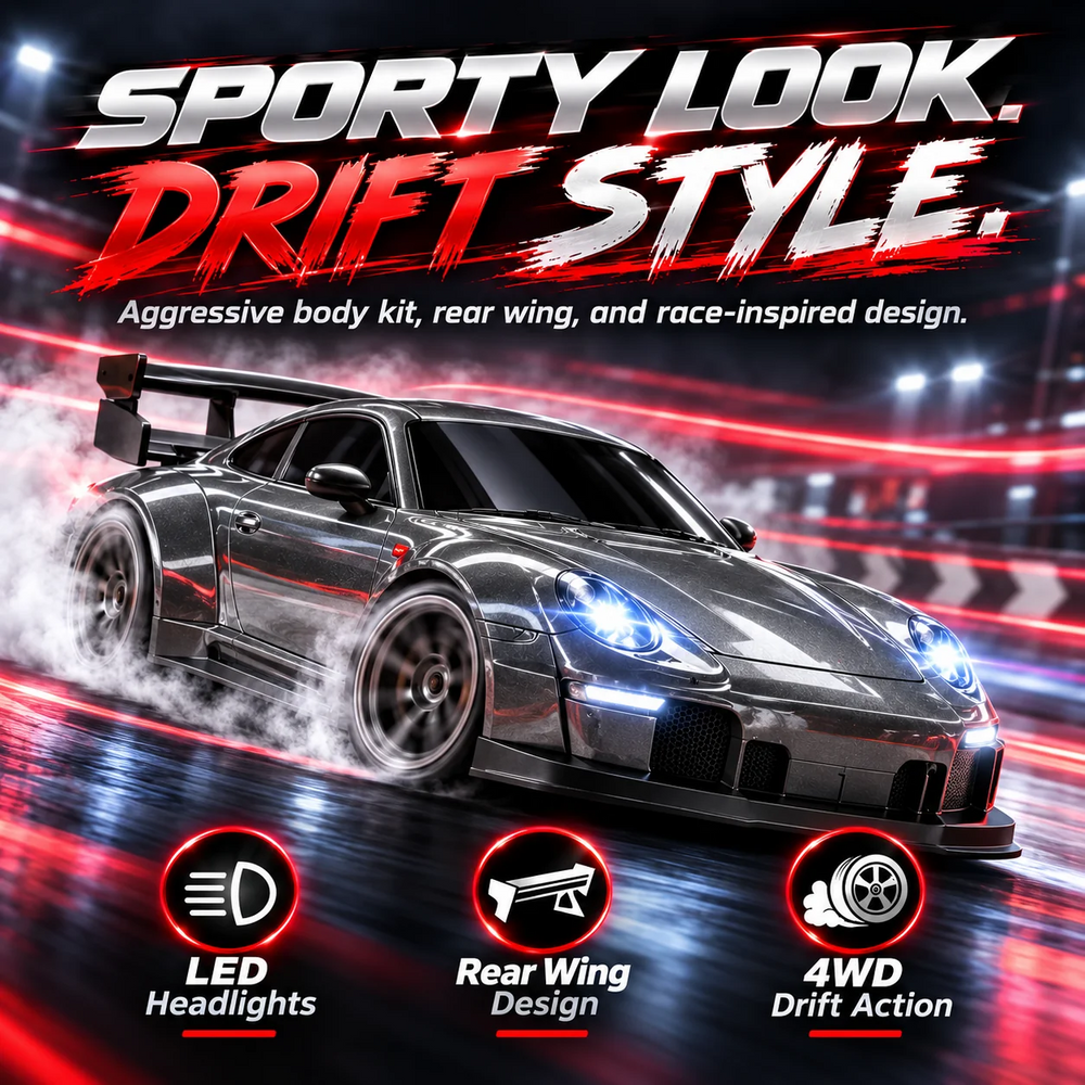 Silver sports car style RC drift toy with LED headlights, rear wing and racing-inspired body details