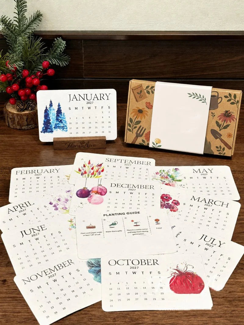 2027 seed paper desk calendar with twelve illustrated monthly cards and a gift-style presentation