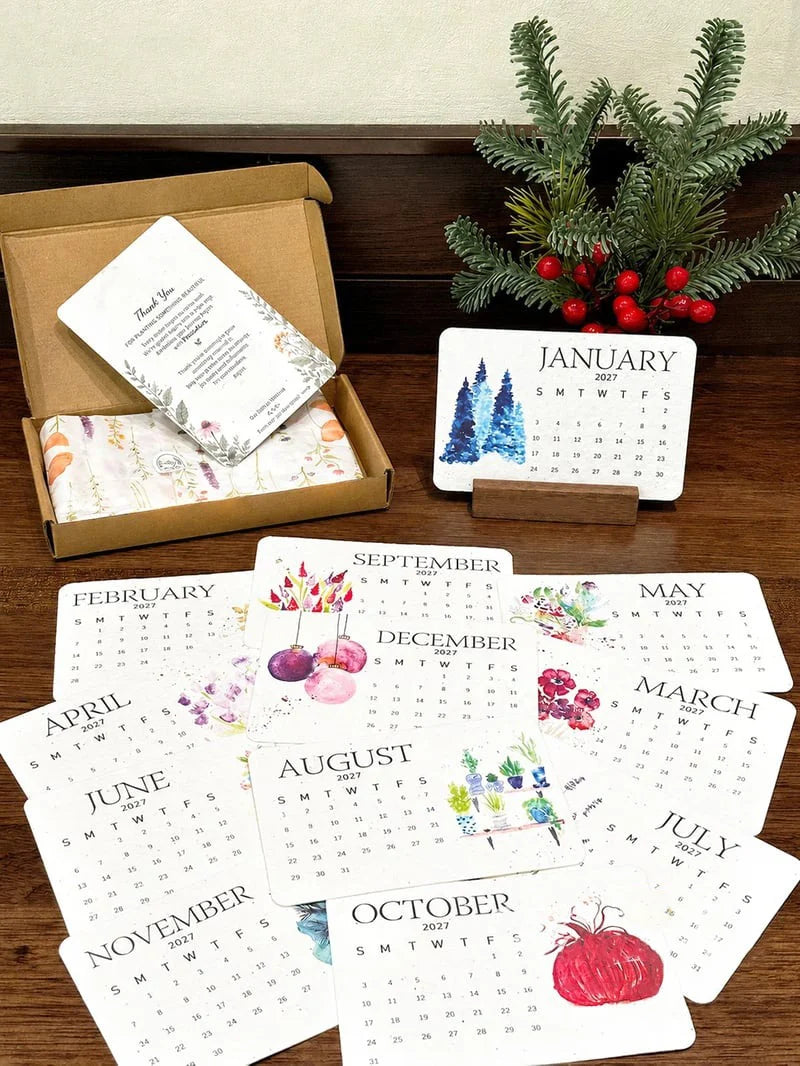 2027 plantable calendar cards presented with a gift box and seasonal decor