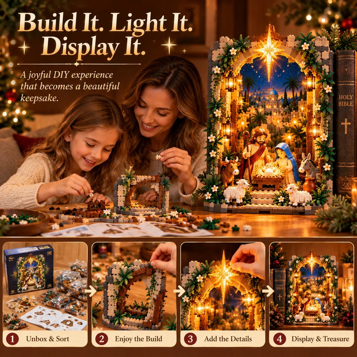 ✨ Lighted Bethlehem Nativity Book Nook – Christmas Building Block Display Of Faith