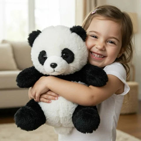 Child holding a panda plush