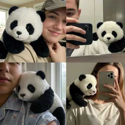 Panda plush shown in several everyday lifestyle scenes