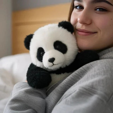 Person cuddling a panda plush