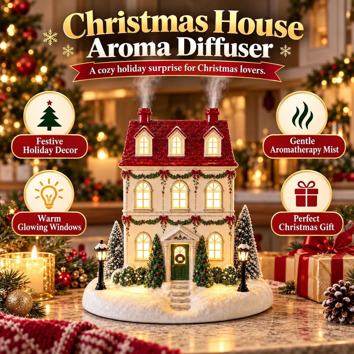 Christmas house with glowing windows and chimney mist