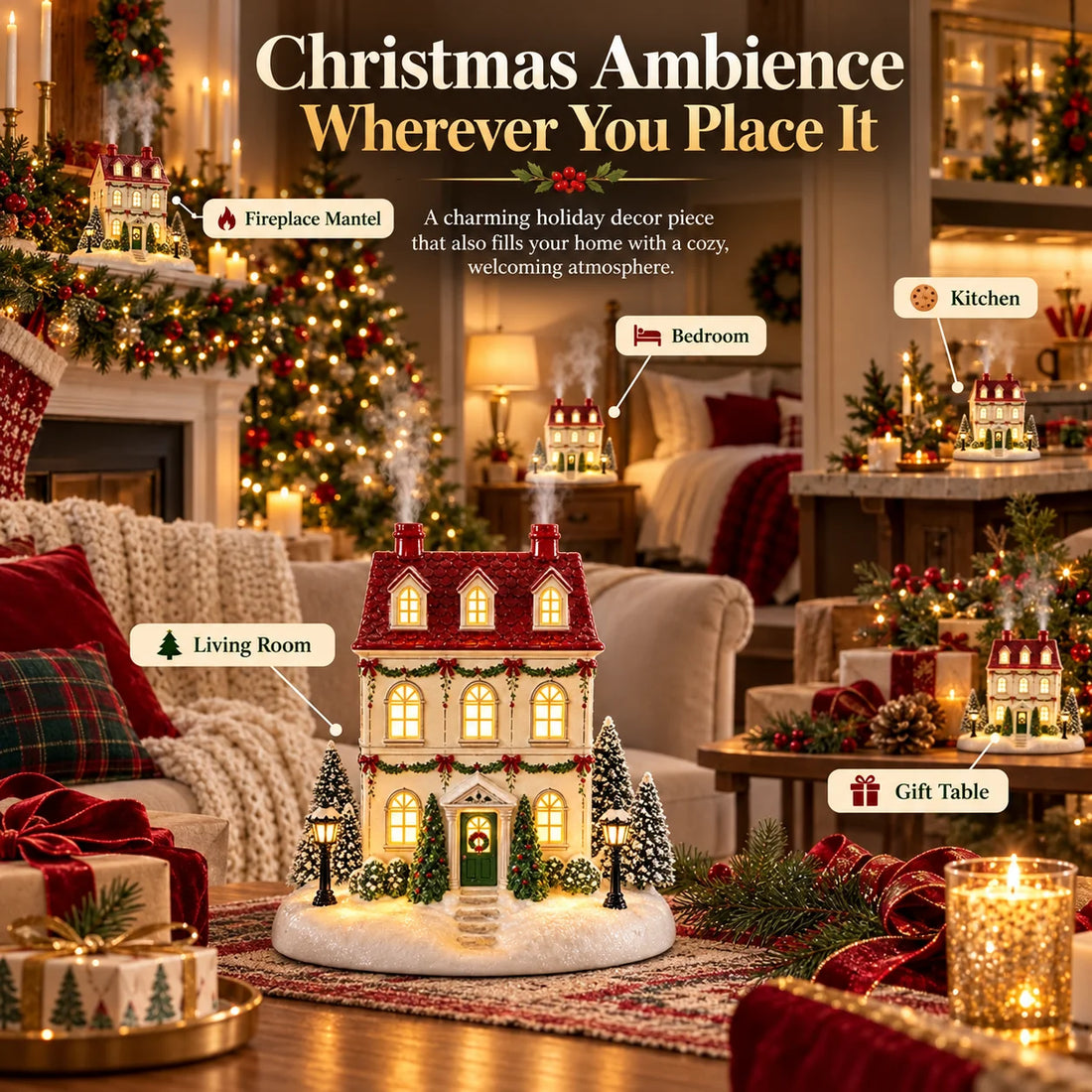 Christmas house displayed in different indoor holiday arrangements
