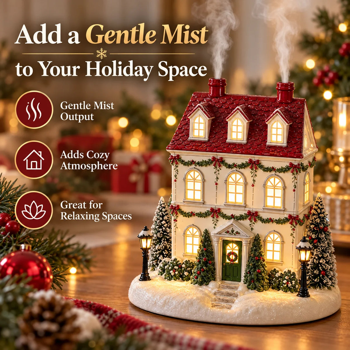 🎄 Christmas House Mist Diffuser – Warm Light & Festive Tabletop Decor