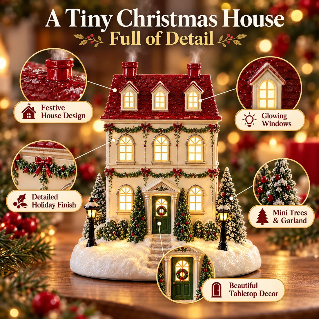 Christmas house roof, windows and holiday decoration details
