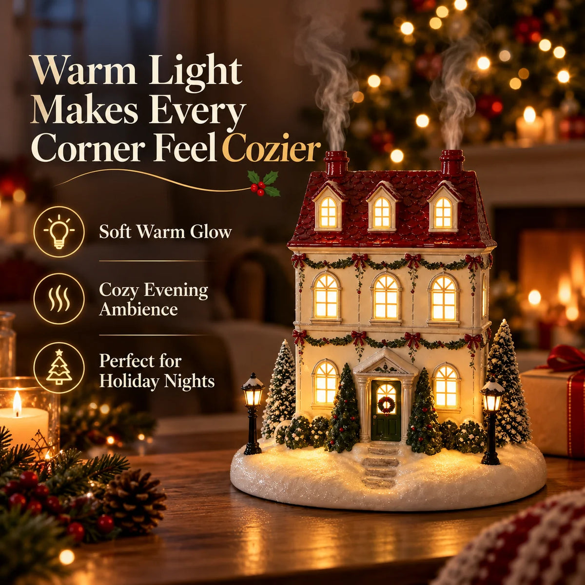 🎄 Christmas House Mist Diffuser – Warm Light & Festive Tabletop Decor