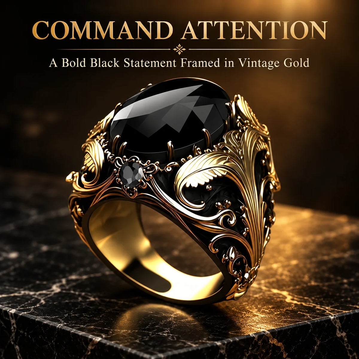 Vintage Gothic Black Gemstone Men's Ring – Ornate Gold Filigree Statement Jewelry