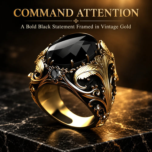 Vintage Gothic Black Gemstone Men's Ring – Ornate Gold Filigree Statement Jewelry
