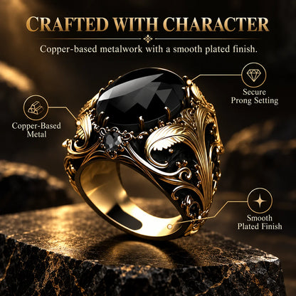 Vintage Gothic Black Gemstone Men's Ring – Ornate Gold Filigree Statement Jewelry
