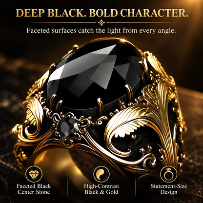 Vintage Gothic Black Gemstone Men's Ring – Ornate Gold Filigree Statement Jewelry