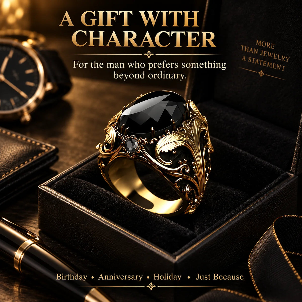 Vintage Gothic Black Gemstone Men's Ring – Ornate Gold Filigree Statement Jewelry