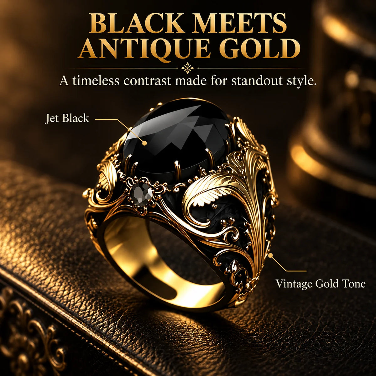 Vintage Gothic Black Gemstone Men's Ring – Ornate Gold Filigree Statement Jewelry