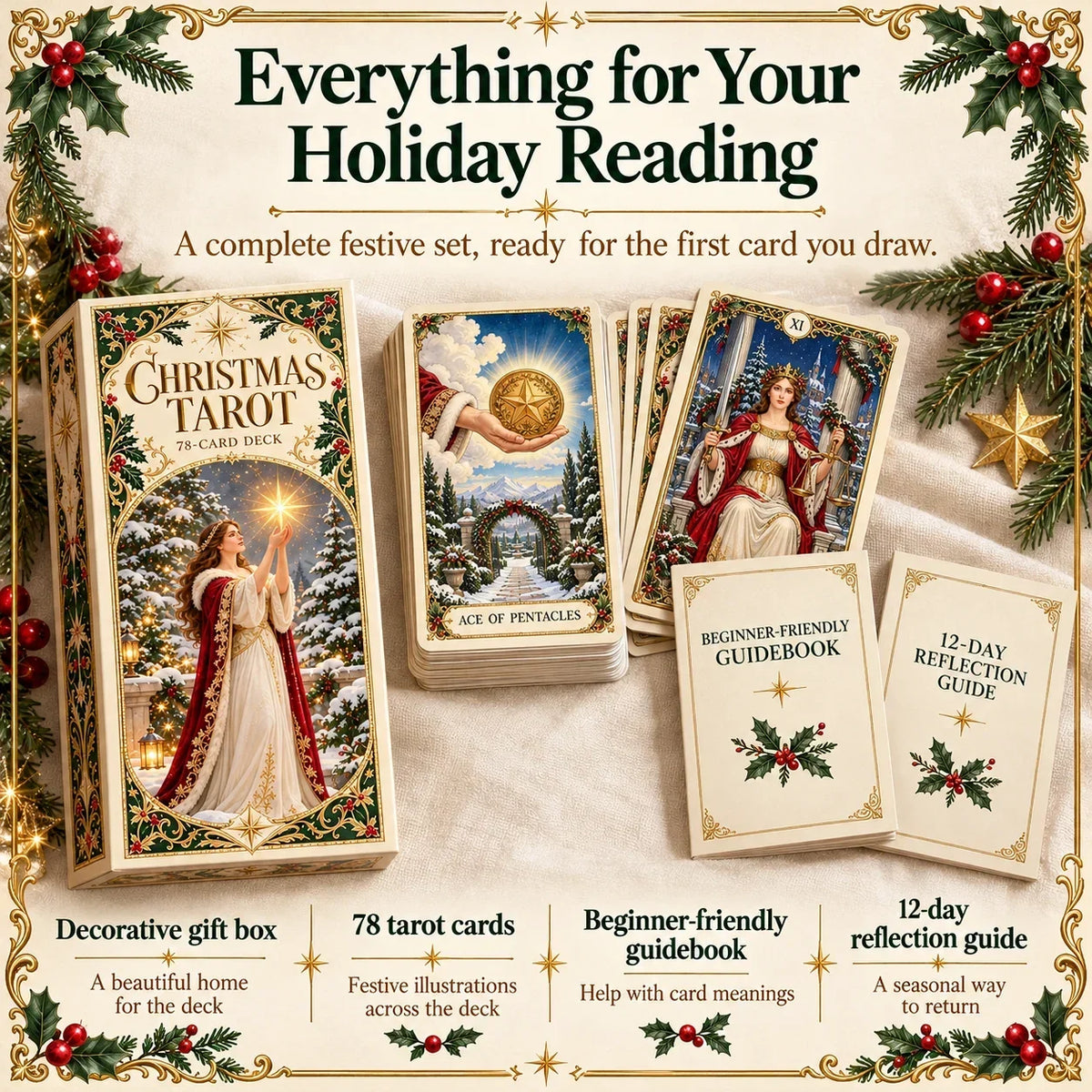 🔮Christmas Tarot Deck Gift Set – 78 Festive Cards & 12-Day Reflection Guide