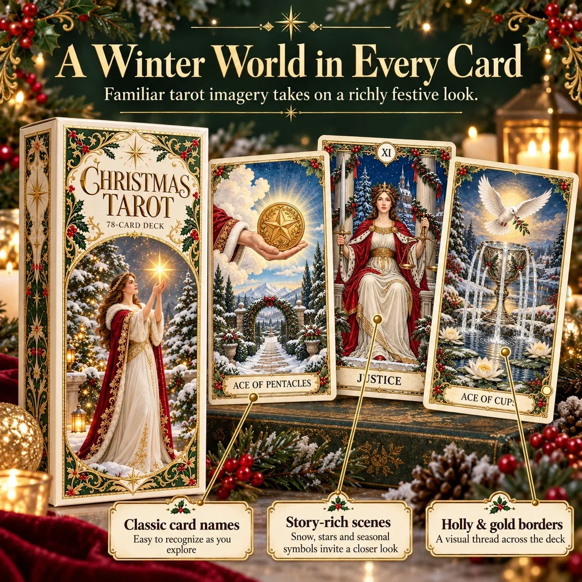 🔮Christmas Tarot Deck Gift Set – 78 Festive Cards & 12-Day Reflection Guide