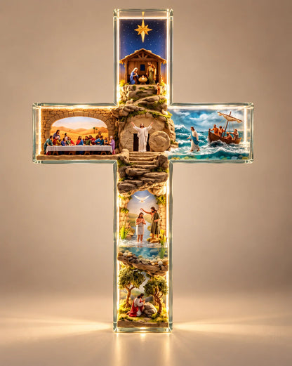✝️ Jesus Story Illuminated Cross – 6 Biblical Scenes with Warm Golden Glow