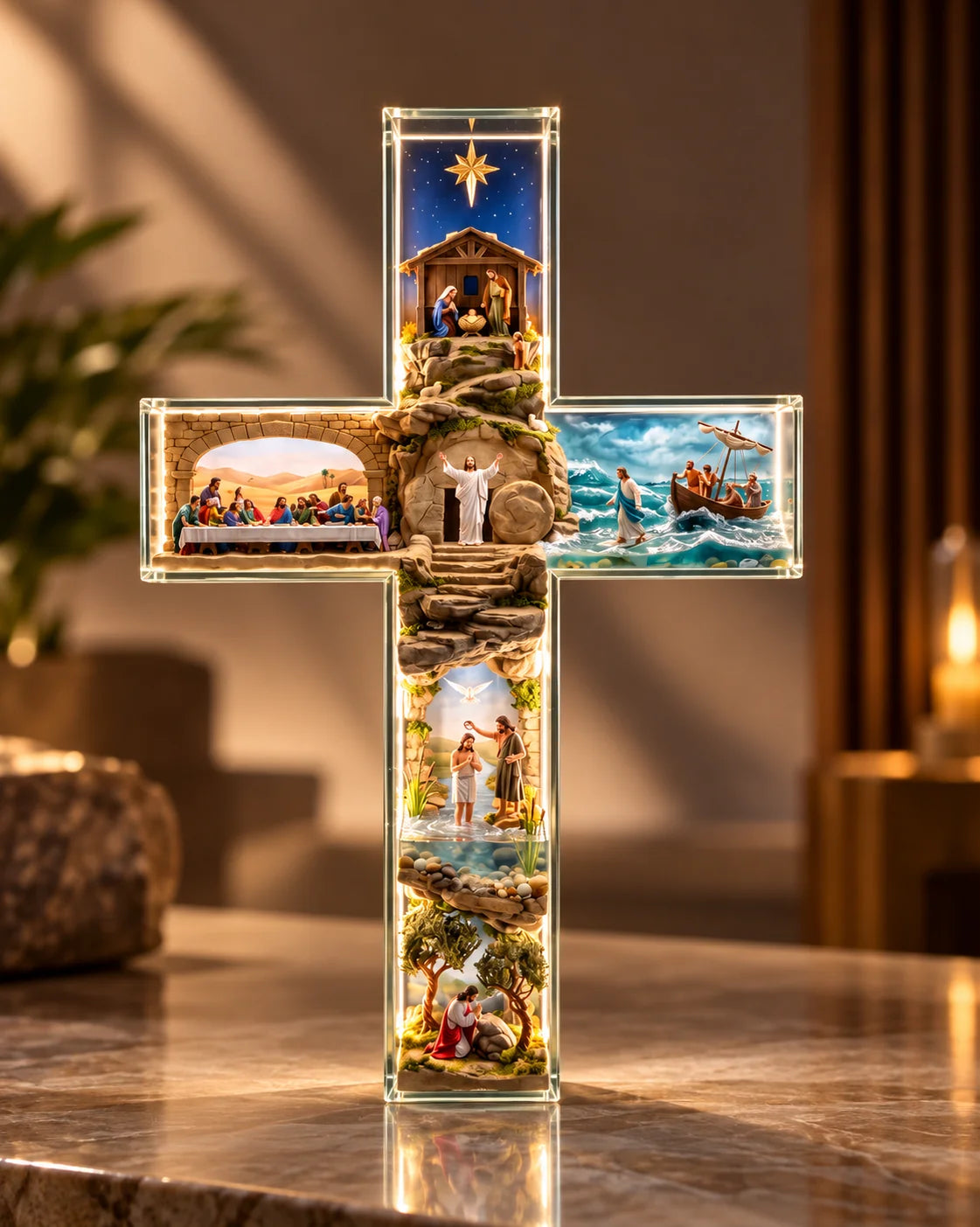 ✝️ Jesus Story Illuminated Cross – 6 Biblical Scenes with Warm Golden Glow