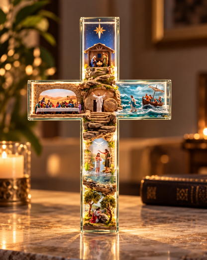 ✝️ Jesus Story Illuminated Cross – 6 Biblical Scenes with Warm Golden Glow