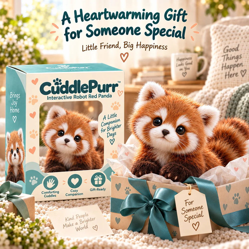 Red panda plush displayed in a styled gift presentation
