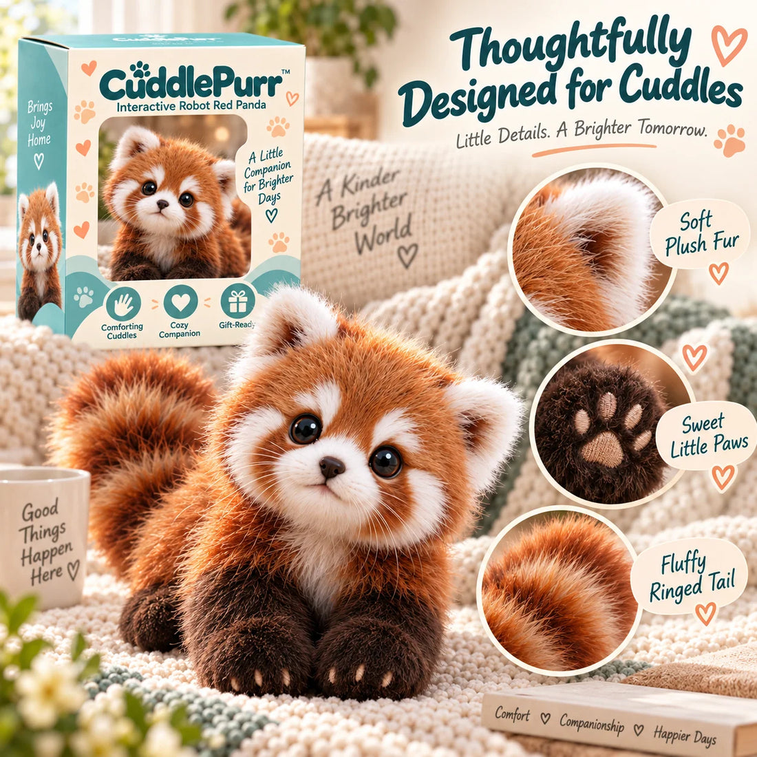 Detailed views of red panda plush fur, paws and fluffy ringed tail