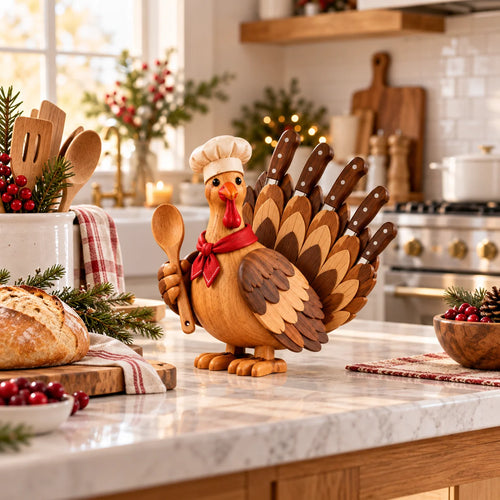 🦃 Wooden Turkey Knife Holder – Thanksgiving Kitchen Counter Decor