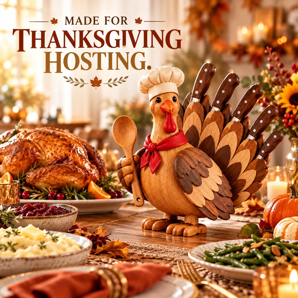 🦃 Wooden Turkey Knife Holder – Thanksgiving Kitchen Counter Decor