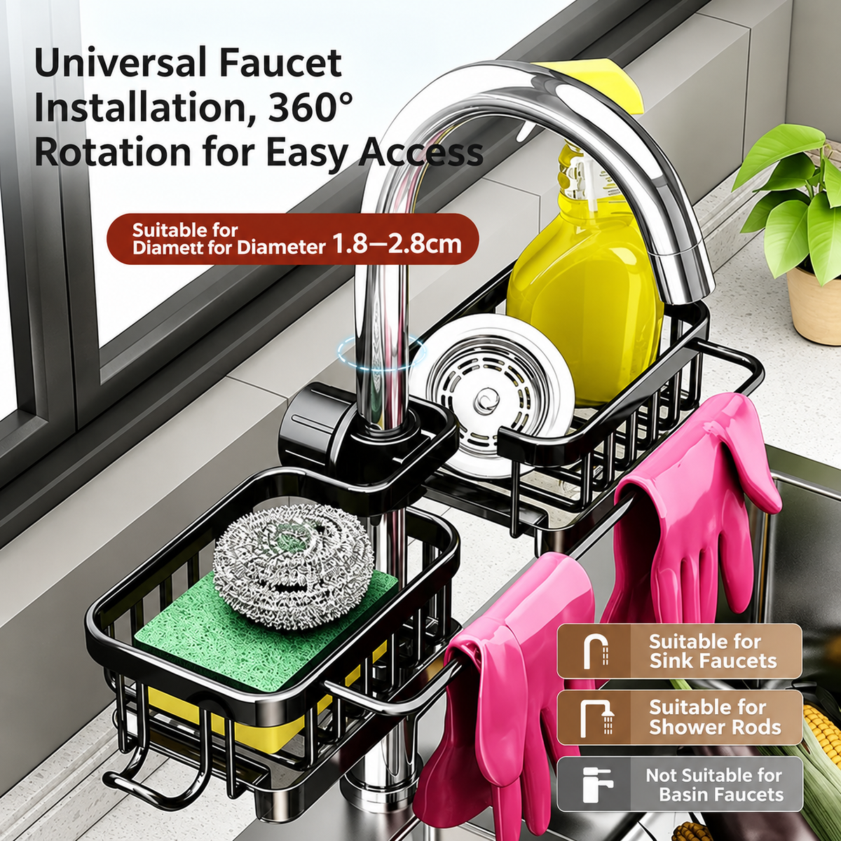 💦Sink Organizer Rack,Hanging Faucet Drain Rack with Drip Tray Stainless Steel Detachable Sink Faucet Sponge Holder Over Faucet for Kitchen and Bathroom,Scrubbers, Soap,Brush
