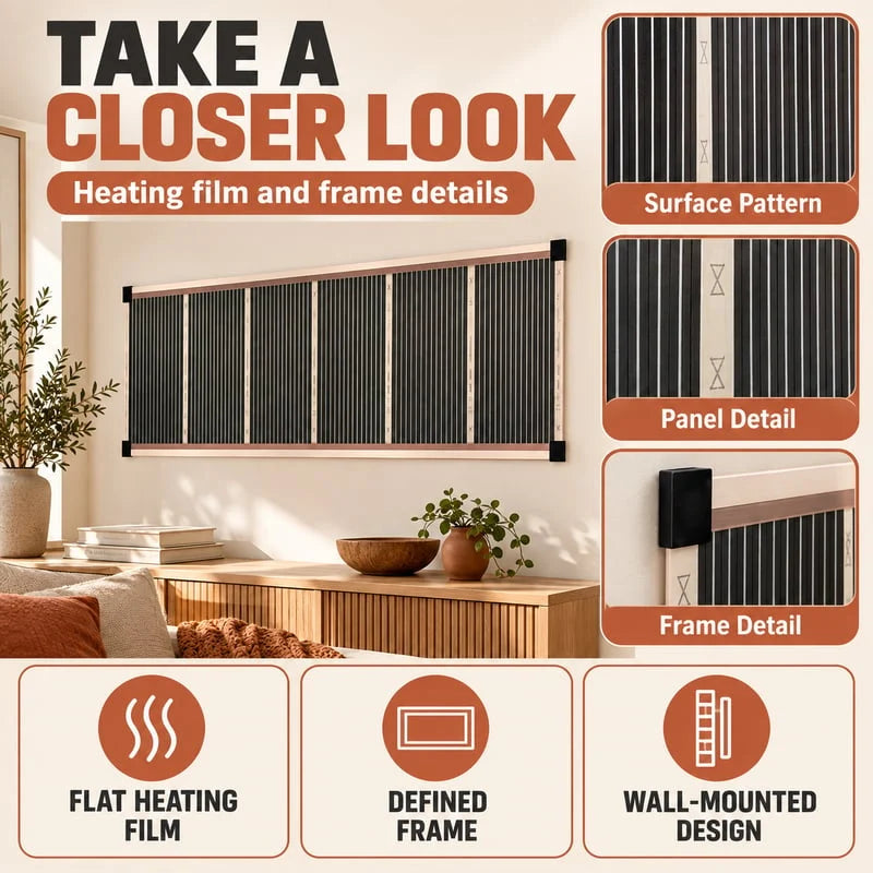 Close-up of the wall heating panel surface, frame and mounting design