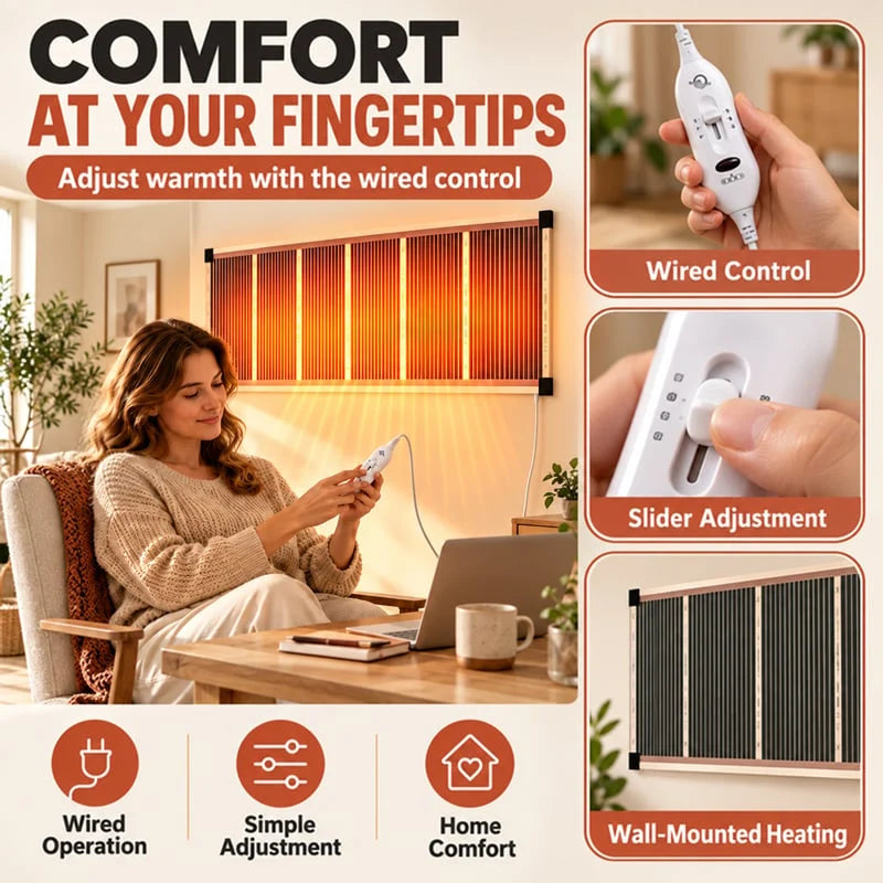 Wall-mounted heating panel with wired controller and adjustment controls shown in the product imagery