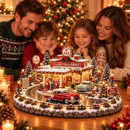 🔥Last Day 50% OFF🔥🚗🎄 Christmas Classic Gas Station Village – Lighted Vintage American Gas Station with Classic Cars