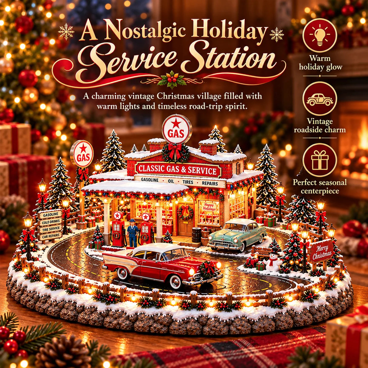 🔥Last Day 50% OFF🔥🚗🎄 Christmas Classic Gas Station Village – Lighted Vintage American Gas Station with Classic Cars