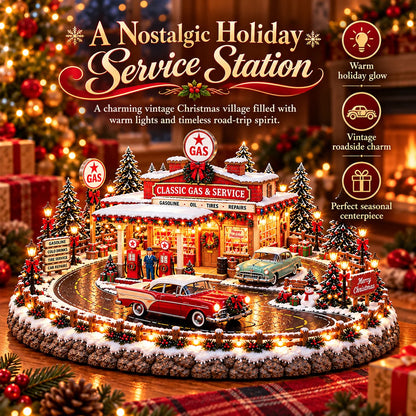 🔥Last Day 50% OFF🔥🚗🎄 Christmas Classic Gas Station Village – Lighted Vintage American Gas Station with Classic Cars
