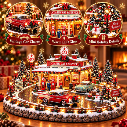 🔥Last Day 50% OFF🔥🚗🎄 Christmas Classic Gas Station Village – Lighted Vintage American Gas Station with Classic Cars