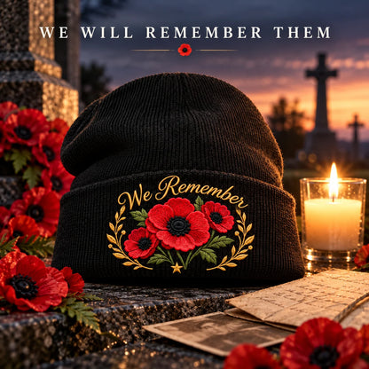 Poppy Remembrance Beanie – Embroidered "Lest We Forget" & "We Remember"