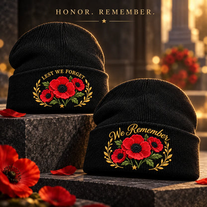 Poppy Remembrance Beanie – Embroidered "Lest We Forget" & "We Remember"