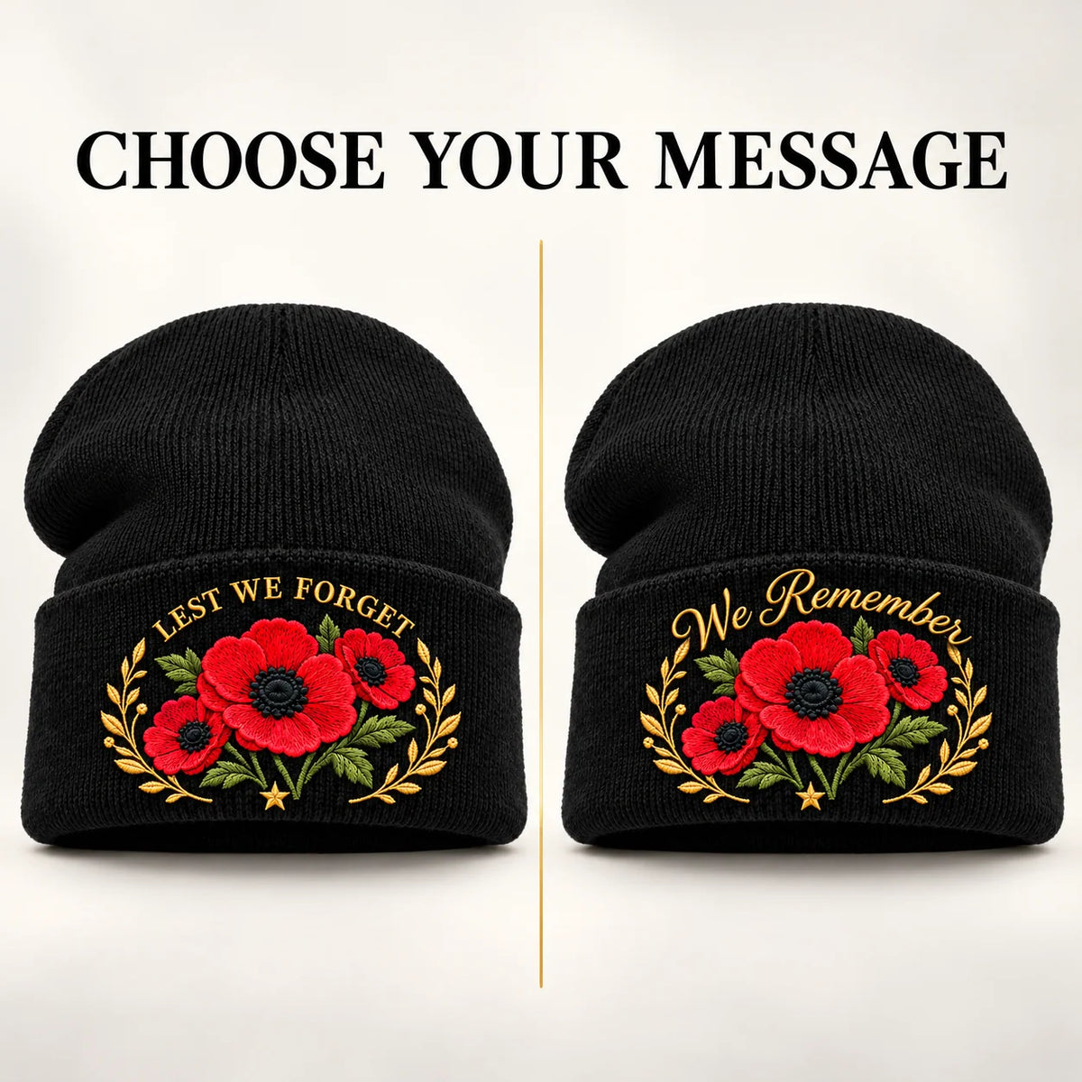 Poppy Remembrance Beanie – Embroidered "Lest We Forget" & "We Remember"