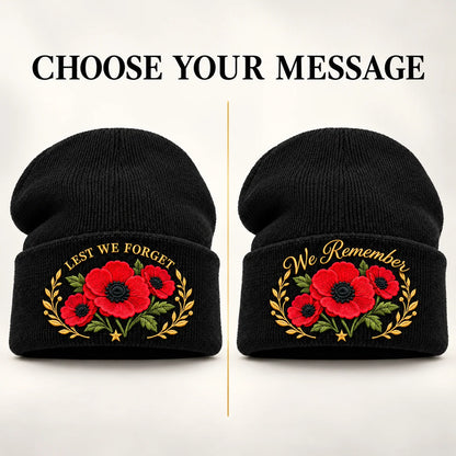 Poppy Remembrance Beanie – Embroidered "Lest We Forget" & "We Remember"