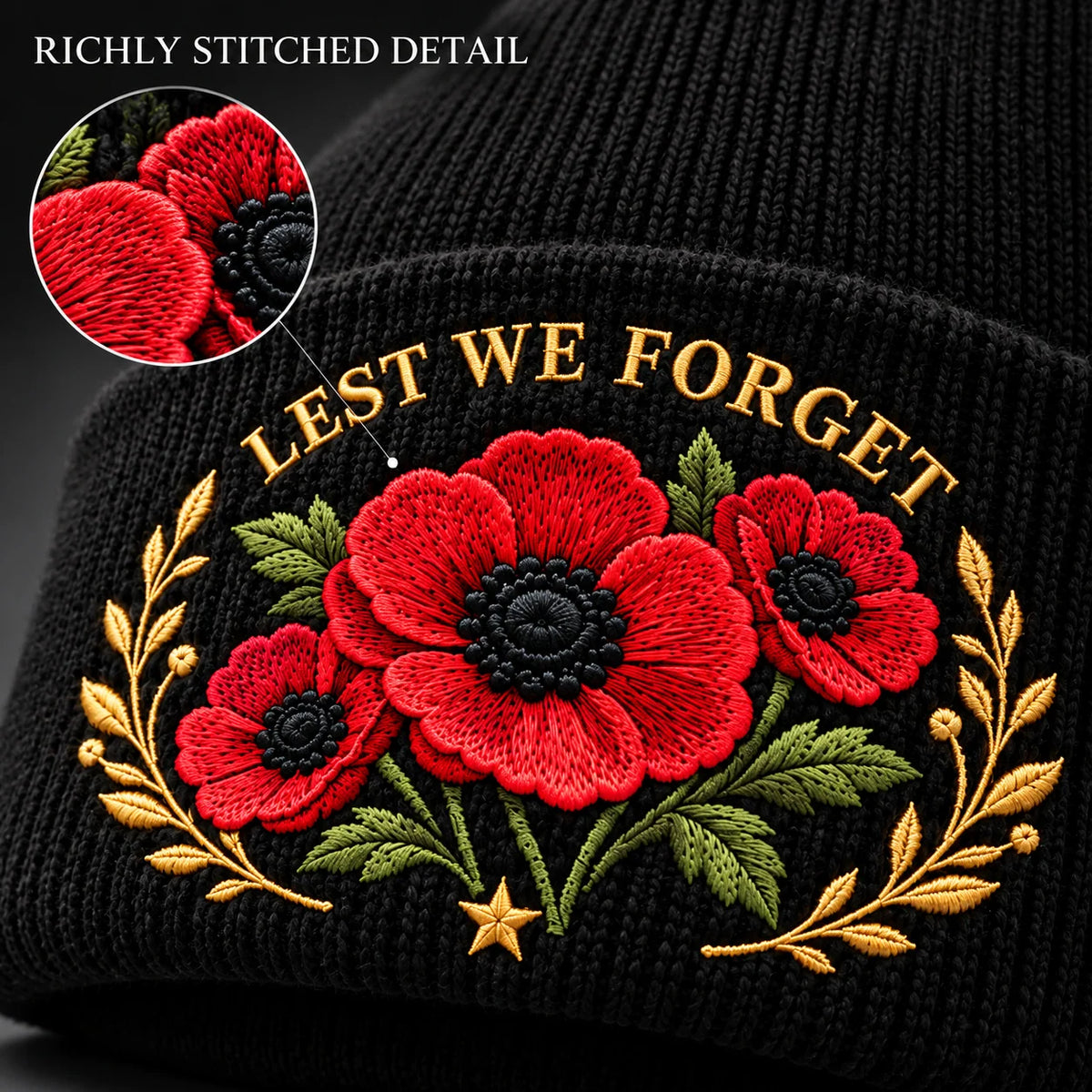 Poppy Remembrance Beanie – Embroidered "Lest We Forget" & "We Remember"