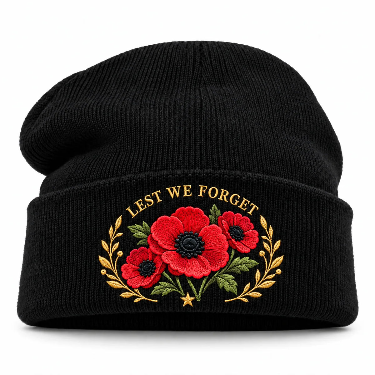 Poppy Remembrance Beanie – Embroidered "Lest We Forget" & "We Remember"
