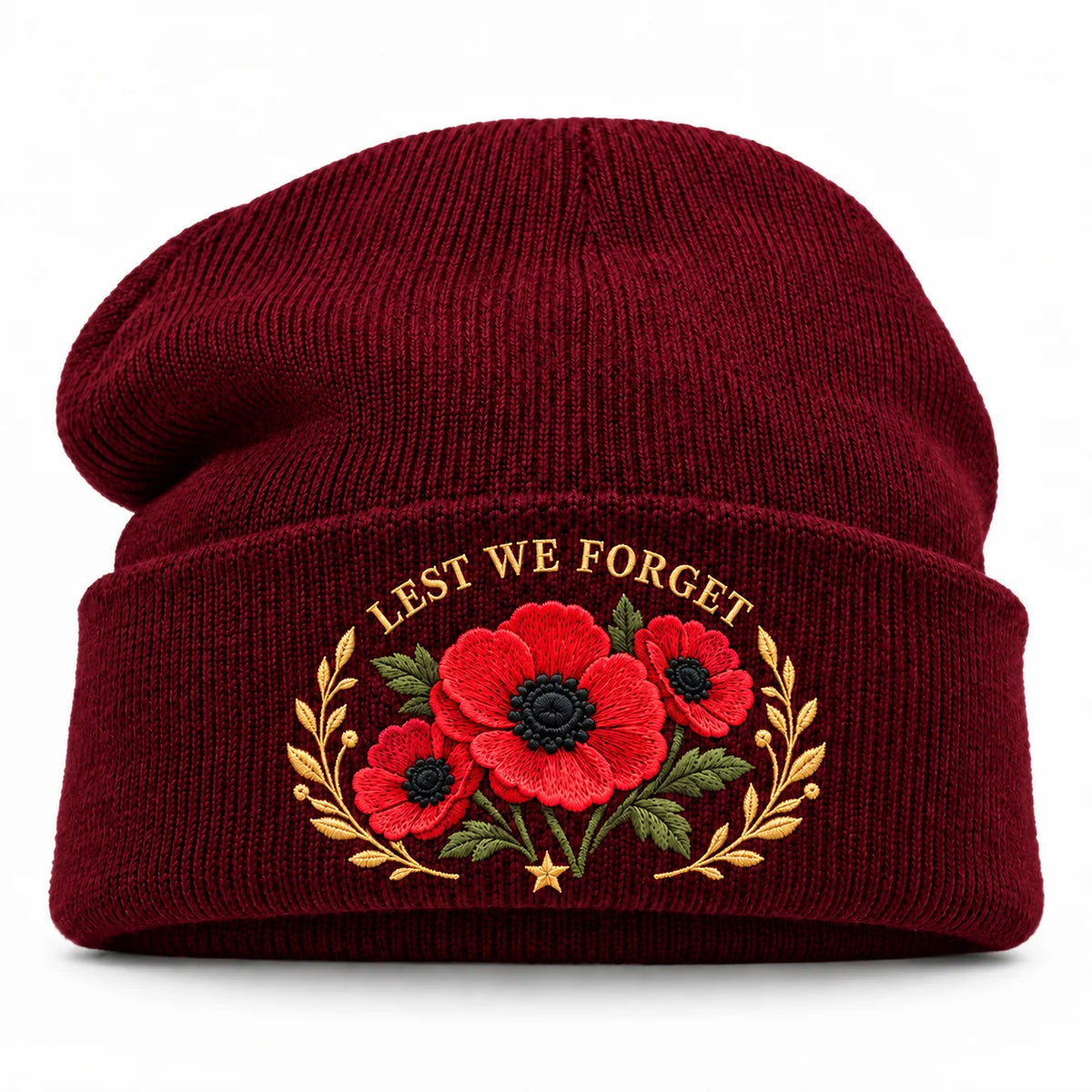 Poppy Remembrance Beanie – Embroidered "Lest We Forget" & "We Remember"