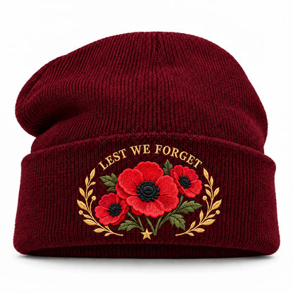 Poppy Remembrance Beanie – Embroidered "Lest We Forget" & "We Remember"